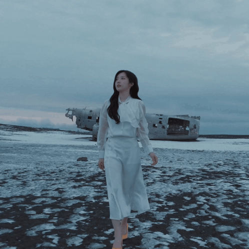 A Woman In A White Dress Stands In A Snowy Field GIF