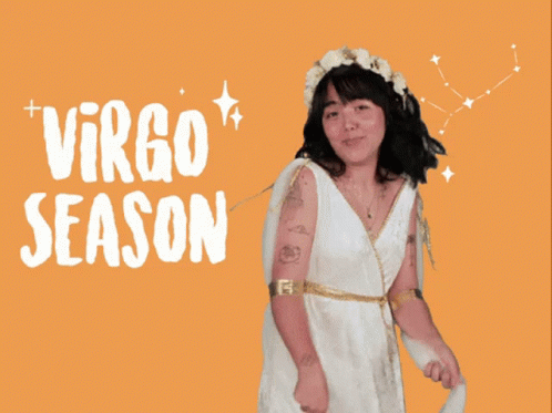 A Woman In A White Dress Stands In Front Of An Orange Background With Virgo Season Written On It GIF