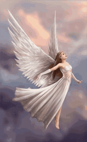 A Woman In A White Dress With Angel Wings Is Flying Through The Air GIF