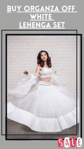 A Woman In A White Dress With The Words Buy Organza Off White Lehenga Set GIF