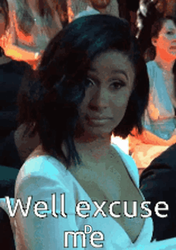 A Woman In A White Dress With The Words Well Excuse Me On The Bottom GIF