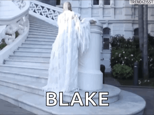 A Woman In A White Dress With Wings Is Standing On A Set Of Stairs With The Name Blake Written On It GIF
