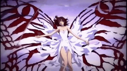 A Woman In A White Dress With Wings Is Surrounded By Red And Black Wings GIF