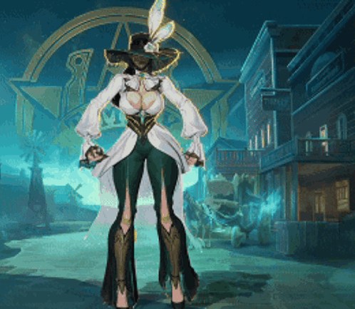 A Woman In A White Hat Is Standing In Front Of A Building That Says ' Tavern ' GIF