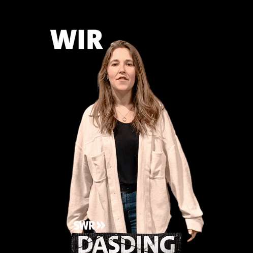 A Woman In A White Jacket Is Dancing In Front Of A Black Background That Says Swr Dasding GIF