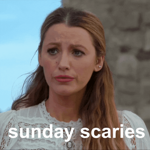 A Woman In A White Lace Top With The Words Sunday Scaries Written Below Her GIF