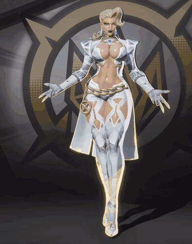 A Woman In A White Outfit Is Standing In Front Of A Circle GIF