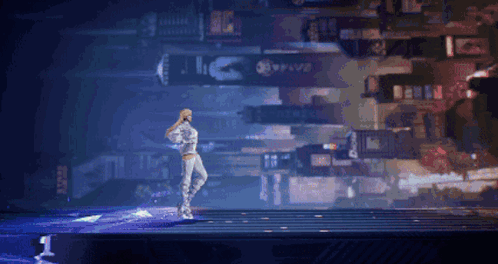A Woman In A White Outfit Is Standing On A Stage In Front Of A Sign That Says ' Oplus ' GIF