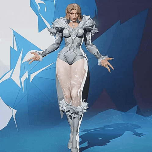 A Woman In A White Outfit Stands In Front Of A Blue And White Background GIF