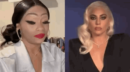 a woman in a white shirt and a lady gaga in a black dress are making funny faces .
