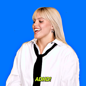 A Woman In A White Shirt And Black Tie Is Laughing And Says Adhd GIF