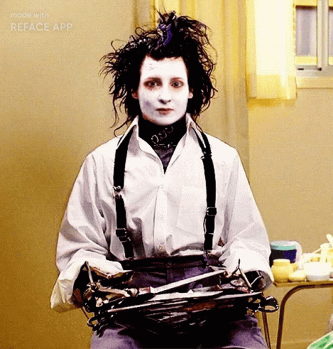 A Woman In A White Shirt And Suspenders Is Holding A Pair Of Scissors Made By Reface App GIF