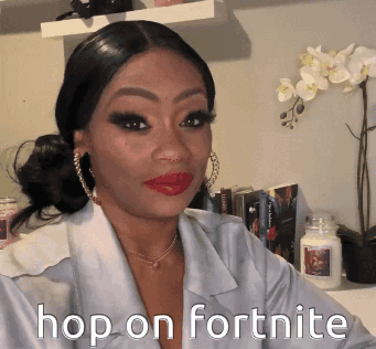 a woman in a white shirt says hop on fortnite on her face