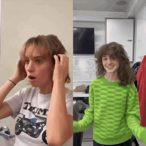 A Woman In A White Shirt With The Word Tum On It Adjusts Her Hair GIF