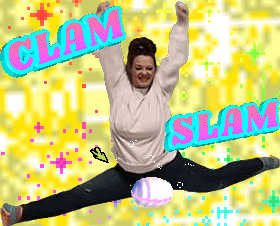 a woman in a white sweater is jumping in the air with the words clam slam behind her