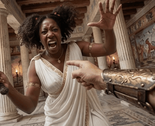 A Woman In A White Toga Is Screaming And Pointing At A Man GIF