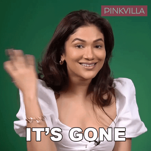 A Woman In A White Top Says It 'S Gone In Front Of A Green Background GIF