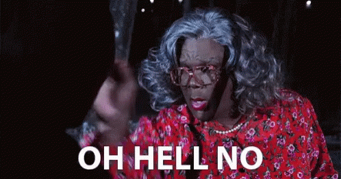 A Woman In A Wig And Glasses Is Saying `` Oh Hell No '' While Holding A Bag . GIF