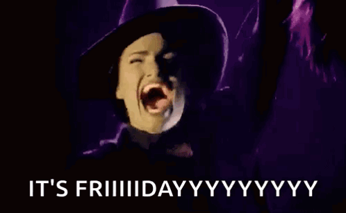 A Woman In A Witch Costume Is Screaming With Her Mouth Open And The Words `` It 'S Friday '' Behind Her . GIF
