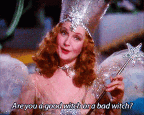 A Woman In A Wizard Of Oz Costume Is Holding A Magic Wand And Asking If She Is A Good Witch GIF