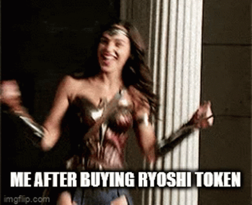 A Woman In A Wonder Woman Costume Is Dancing With The Words Me After Buying Ryoshi Token Below Her GIF