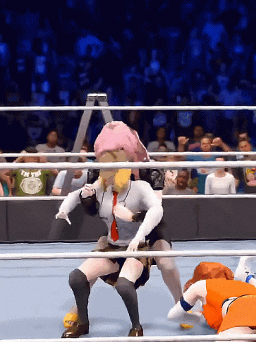A Woman In A Wrestling Ring With A Ladder In The Background That Says ' Wwe ' On It GIF
