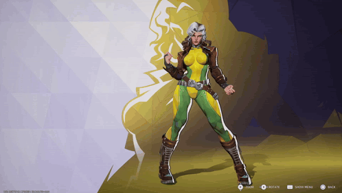A Woman In A Yellow And Green Outfit Is Standing In Front Of A Yellow Background GIF