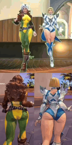 A Woman In A Yellow And Green Outfit Is Standing Next To A Woman In A Blue And White Outfit . GIF