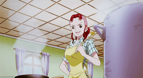 A Woman In A Yellow Apron Is Standing In Front Of A Pot With The Word Zorosama Below Her GIF