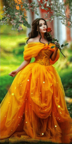 A Woman In A Yellow Dress Is Holding A Red Rose In Her Hand GIF