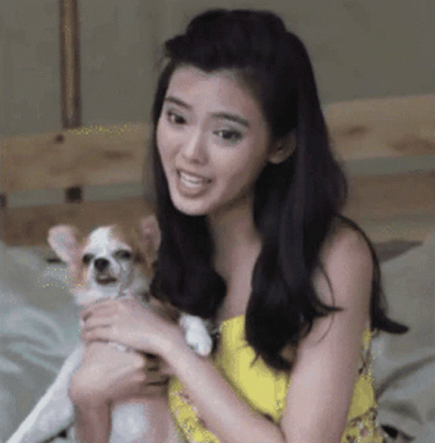 A Woman In A Yellow Dress Is Holding A Small Dog In Her Arms GIF