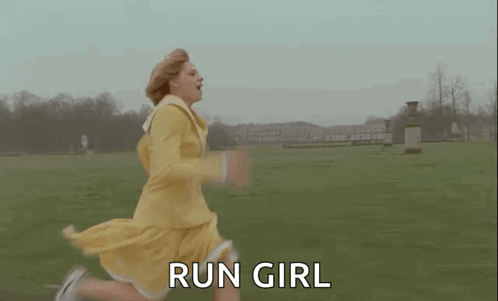 A Woman In A Yellow Dress Is Running In A Field With The Words `` Run Girl '' . GIF