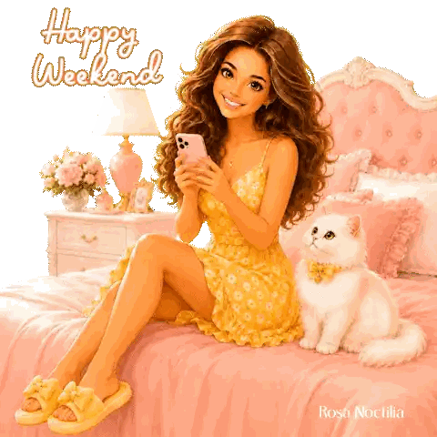 a woman in a yellow dress is sitting on a bed with a cat and a cell phone