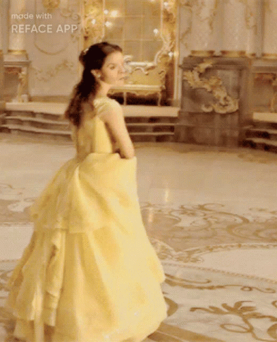 A Woman In A Yellow Dress Is Standing In A Room With The Words Made With Reface App On The Bottom GIF