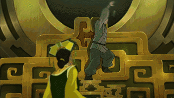 A Woman In A Yellow Dress Is Standing Next To A Man On A Throne GIF