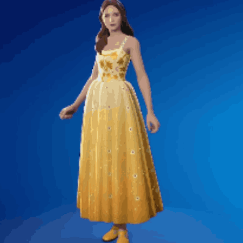 A Woman In A Yellow Dress Is Standing On A Blue Surface . GIF