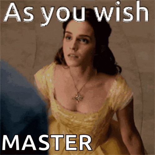 A Woman In A Yellow Dress With The Words As You Wish Master GIF