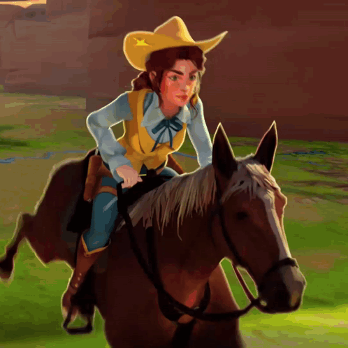 A Woman In A Yellow Hat Is Riding A Brown Horse GIF