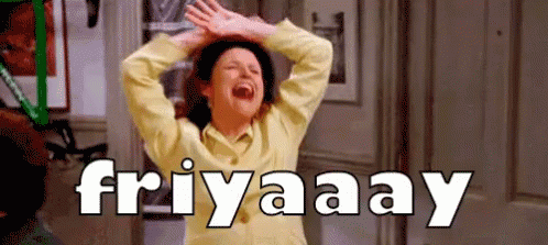 A Woman In A Yellow Jacket Is Laughing With Her Arms In The Air And The Words Friaaay Written On The Bottom . GIF