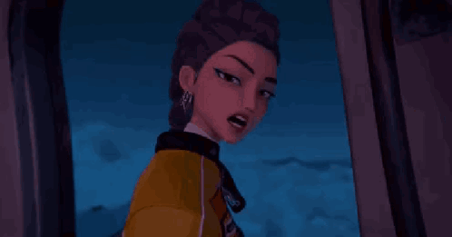 A Woman In A Yellow Jacket Is Standing In Front Of A Sign That Says Done GIF