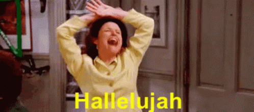 A Woman In A Yellow Shirt Is Laughing With Her Hands In The Air And The Words Hallelujah Written In Yellow . GIF