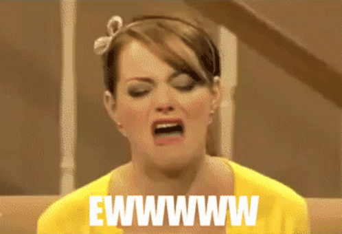 A Woman In A Yellow Shirt Is Making A Funny Face And The Words Ewwwwww Are Above Her GIF