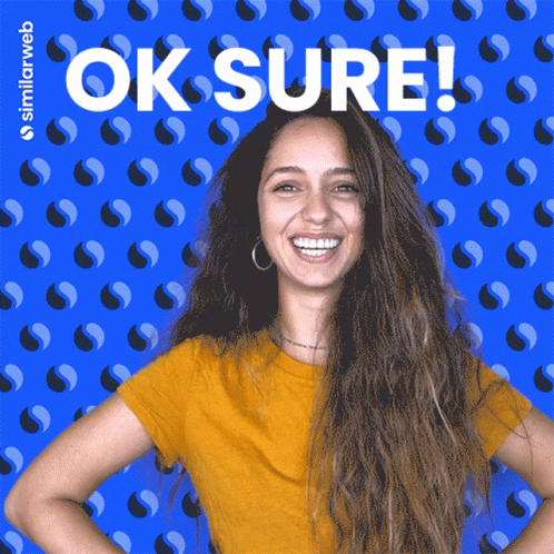 A Woman In A Yellow Shirt Is Smiling In Front Of A Blue Background That Says Similarweb GIF