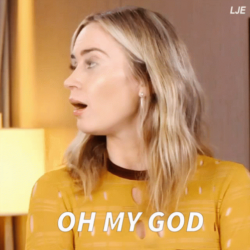 A Woman In A Yellow Shirt Says Oh My God In White Letters GIF