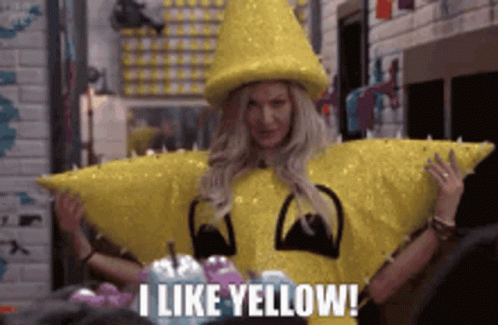 A Woman In A Yellow Starfish Costume Is Saying I Like Yellow GIF