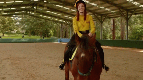 A Woman In A Yellow Sweater Riding A Brown Horse GIF