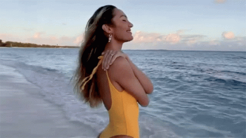 A Woman In A Yellow Swimsuit Is Standing On The Beach Looking At The Ocean . GIF