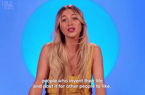 A Woman In A Yellow Tank Top Is Talking About People Who Invent Their Life And Post It For Other People To Like GIF