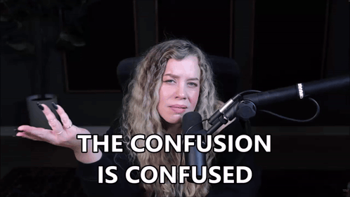 A Woman In Front Of A Microphone With The Words The Confusion Is Confused GIF