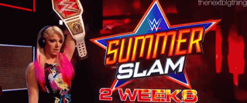 A Woman In Headphones Is Holding A Wrestling Championship Belt In Front Of A Sign That Says Summer Slam 2 Weeks . GIF